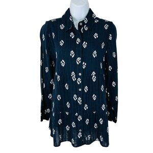 Style & Co Women's Size XS Ikat Tiered Button Front Navy White Shirt NEW